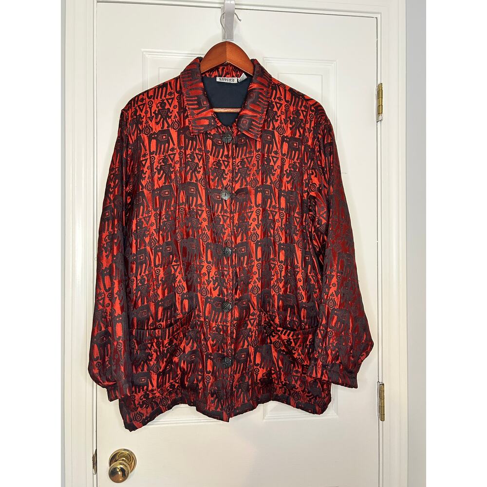Chico’s Silk Blend Elephant Print Jacket Red Black Tribal Button Front Women’s L